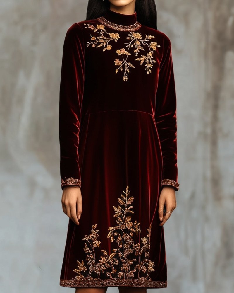 Elegant Mock Neck Golden Embroidery Velvet Midi Dress - Image 3