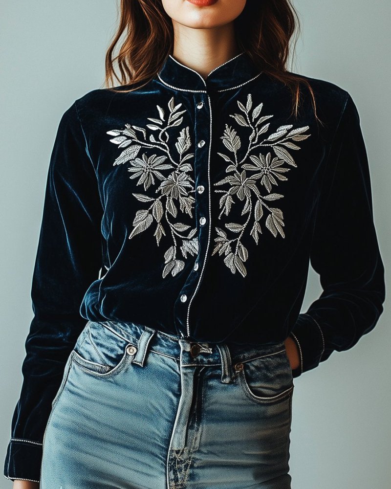 Stylish Silver leaves Embroidery Single-breasted Velvet Shirt - Image 3