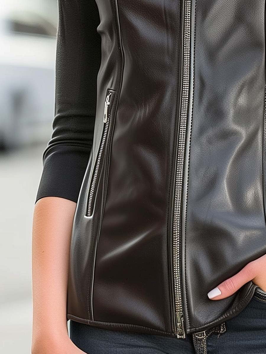 SimplyBoo Retro Zipper Leather Waistcoat – Stand Collar - Image 4