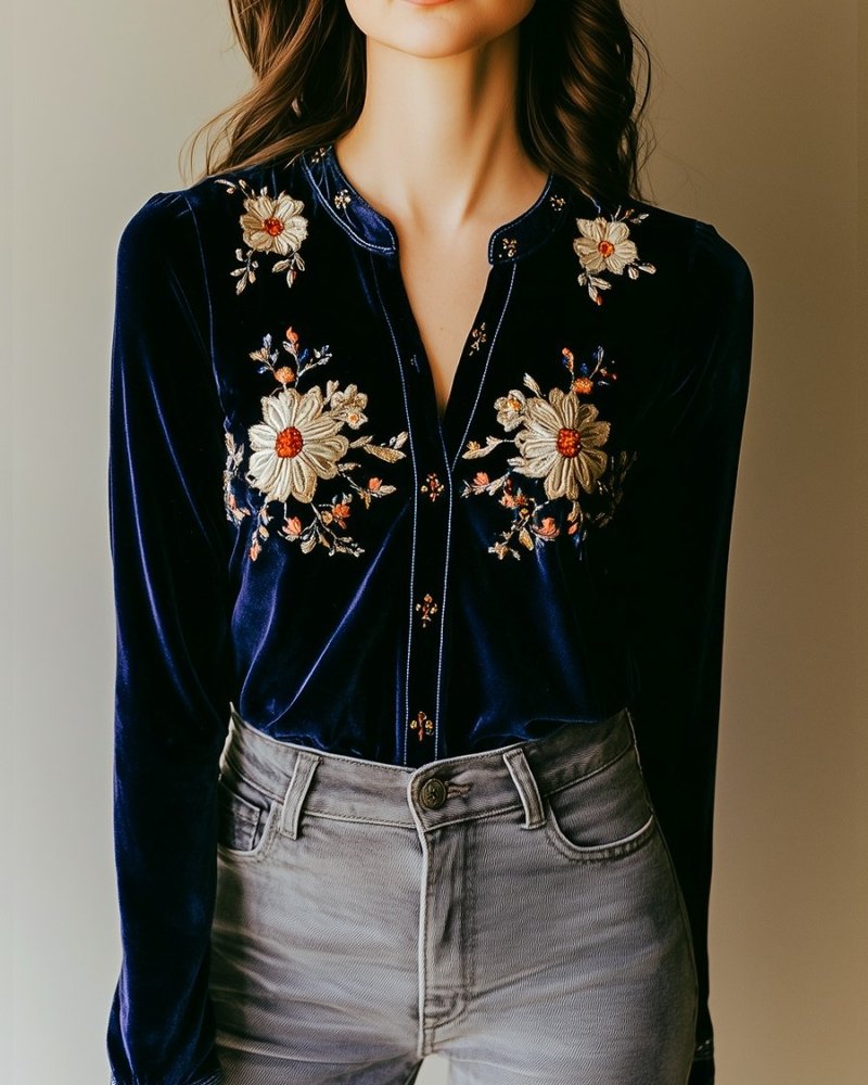 Chic Floral Embroidery Button Down Velvet Shirt