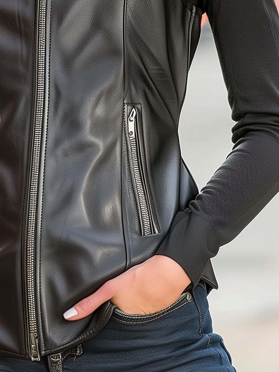 SimplyBoo Retro Zipper Leather Waistcoat – Stand Collar - Image 5