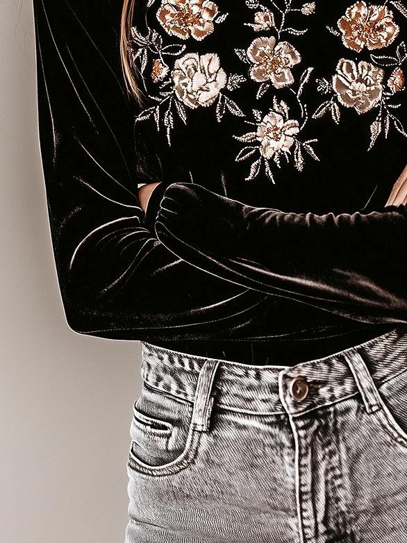 SimplyBoo Retro Flower Embroidery Velvet Pullover Top - Image 3